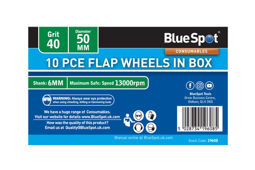 Blue Spot 10 Piece 40 Grit 50MM Spindle Flap Wheels In Box