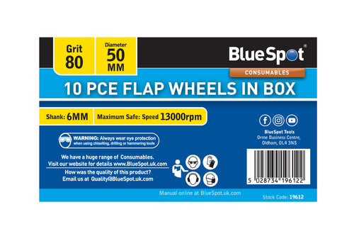 Blue Spot 10 Piece 80 Grit 50MM Spindle Flap Wheels In Box