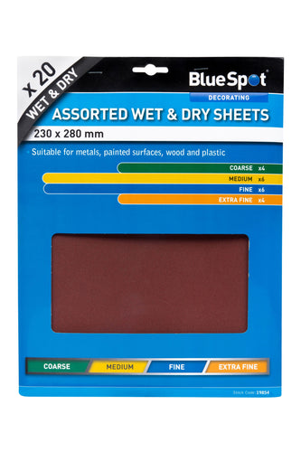 Blue Spot 20 Piece Assorted Wet And Dry Sandpaper Sheets