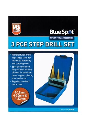 Blue Spot 3 Piece HSS Step Drill Set (4mm - 32mm)