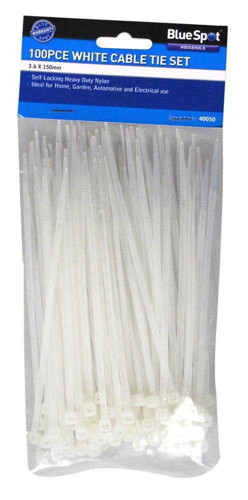 Blue Spot 100 Piece 3.6mm X 150mm White Cable Ties