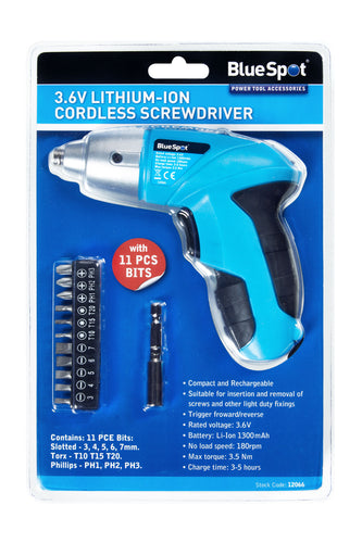 Blue Spot 3.6V Lithium-ion Cordless Screwdriver with 11 Piece bits