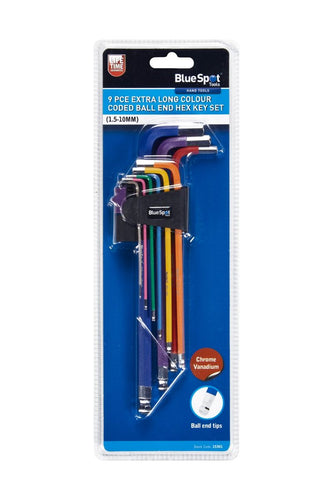 Blue Spot 9 Piece Extra Long Colour Coded Ball End Hex Key Set (1.5-10mm)