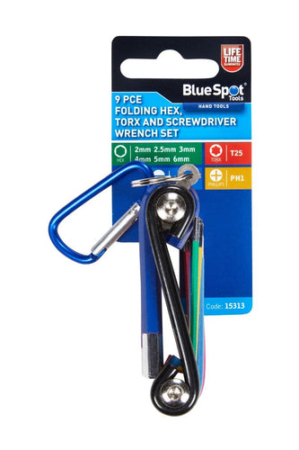 Blue Spot 9 Tools Piece Folding Hex, Torx and Screwdriver Wrench Set