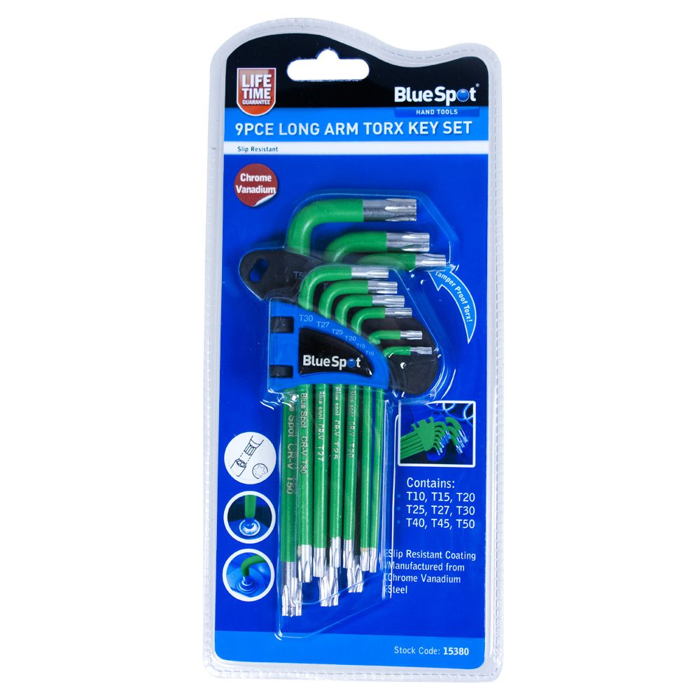 Blue Spot 9 Piece Long Arm Tamper Proof Torx Key Set (T10-T50)