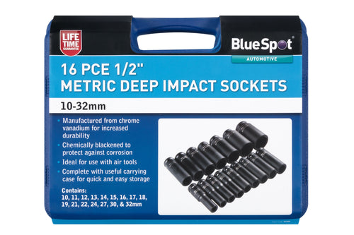 Blue Spot 16 Piece 1/2 Metric Deep Impact Sockets (10-32mm)