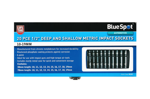Blue Spot 20 Piece 1/2 Deep and Shallow Metric Impact Sockets (10-19mm)