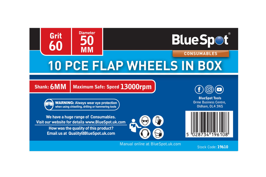 Blue Spot 10 Piece 60 Grit 50MM Spindle Flap Wheels In Box