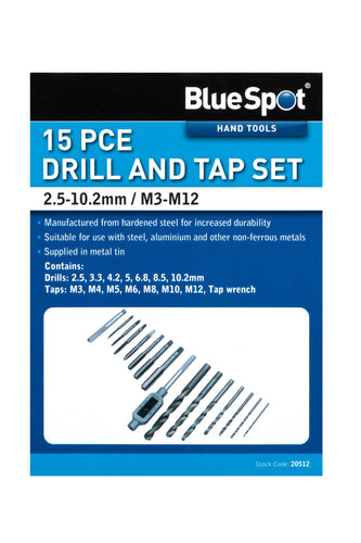 Blue Spot 15 Piece Drill and Tap Set (M3-M12) (2.5-10.2mm)