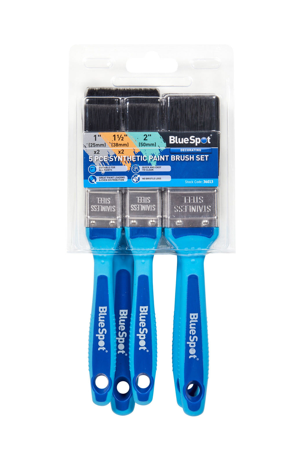 Blue Spot 5 Piece Synthetic Paint Brush Set with Soft Grip Handle (2 Piece 1, 2 Piece 1 1/2, 1 Piece 2)