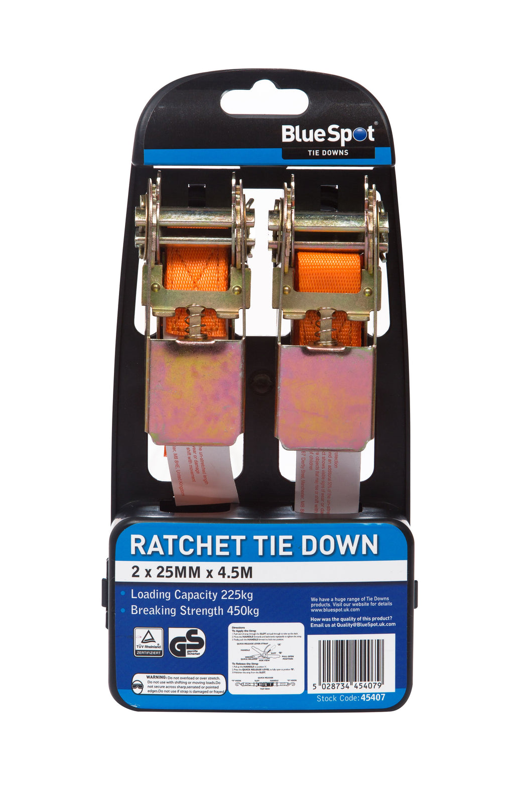 Blue Spot 2 Pack Ratchet Tie Down (25mm x 4.5m/15ft)