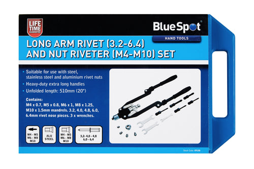 Blue Spot Long Arm Rivet (3.2-6.4) and Nut Riveter (M4-M10) Set